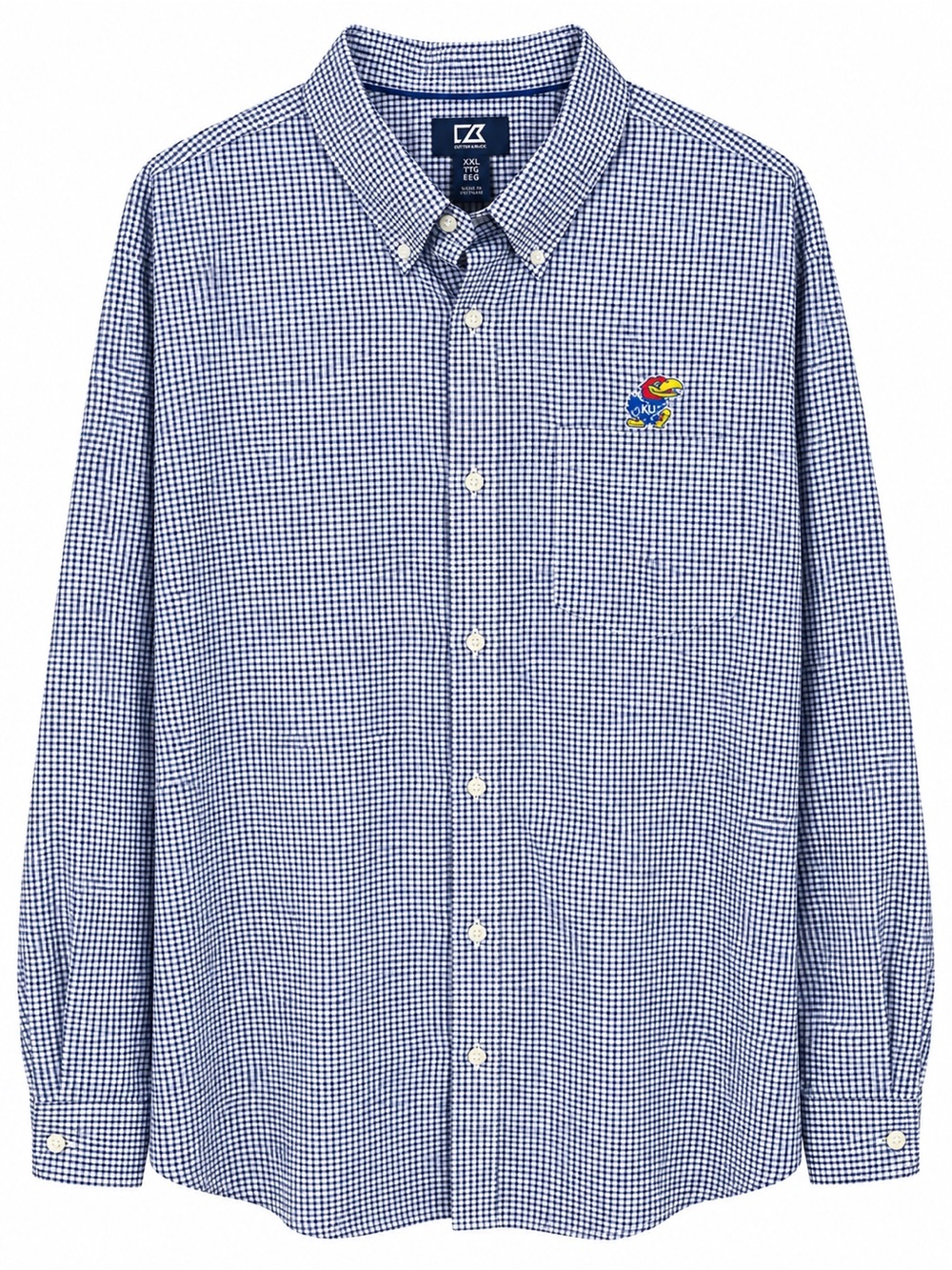 Men's Blue Gingham Button-Down Shirt with Embroidered University of Kansas Logo